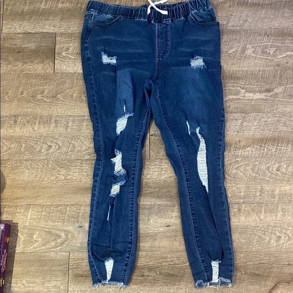 Dark Blue Distressed Denim Women's Jeggings XXL - Picture 3 of 5